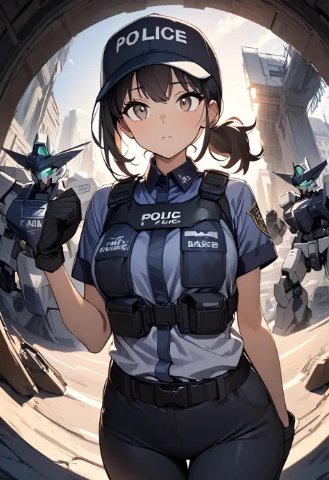 (masterpiece), best quality, 1 girl, solo, thin, thick thigh, upper body, swat uniform (black baseball cap,wearing racing suit l...