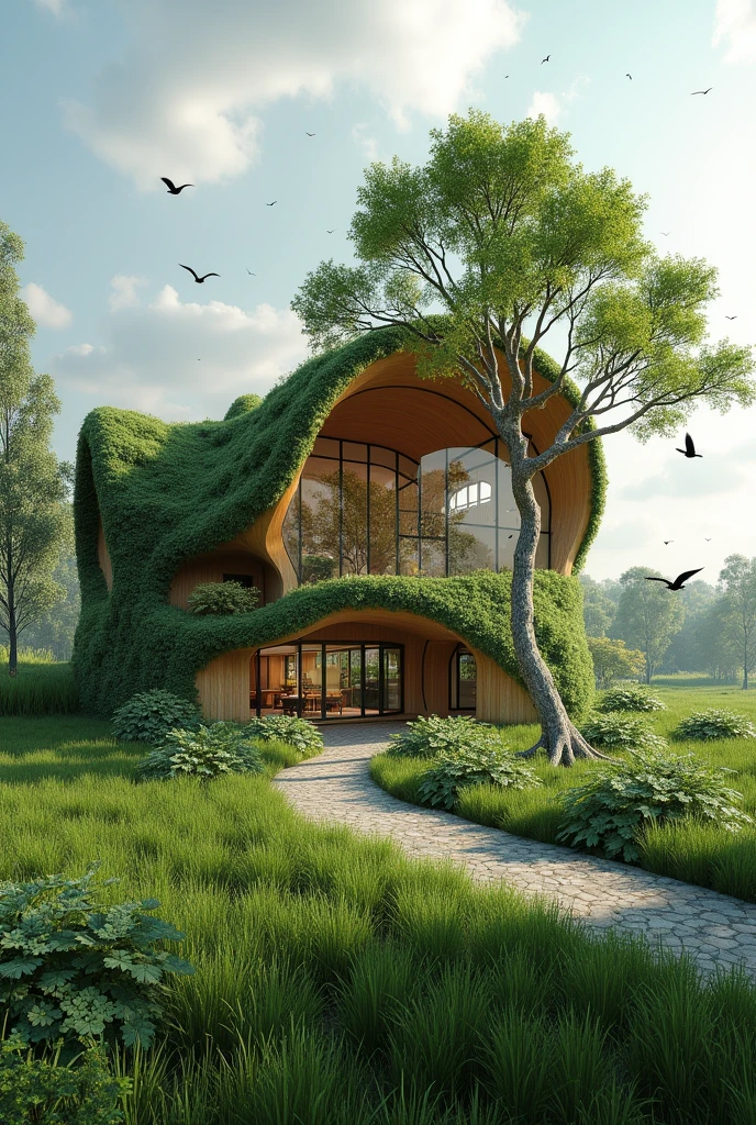 a Care Center at Tràm Chim National Park, a national park in the Plain of Reeds in the Mekong Delta region of Vietnam with Ecological Axis Premises: Focus on conservation: The design should highlight the importance of The Mekong Delta. as a habitat for migratory birds., using sustainable materials and green building techniques. Eco homes, net-zero energy house, building efficient and healthy sustainable green homes. Carbon-Negative, Storm-Resistant "Tree-like" Home Offers Self-Sufficiency for a Changing World. An image of a house, removed from the noise of the city, hidden within the landscape, with architecture that evokes peace and safety, conveying tranquility, allowing the wind to flow through, not in the usual shape of houses, but creating a distinction with curves and straight lines, able to blend into the surroundings through finishes and textures. Integrated viewing platform: Include a bird viewing platform that integrates organically into the design of the center, using elevated platforms and walkways that minimize the impact on the natural environment. Connection with the cable car: Create a direct pedestrian route from the cable car station to the center, with interpretive information on local biodiversity along the way.