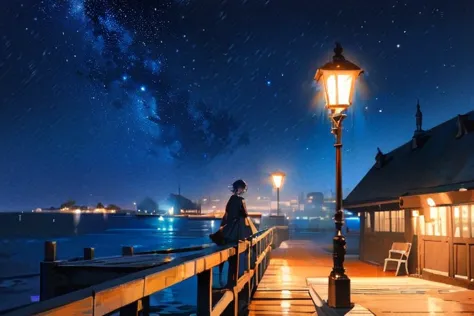 (best quality,highres,masterpiece:1.2),ultra-detailed,in the middle of the night, the pier, the street lights are dotted, the mo...