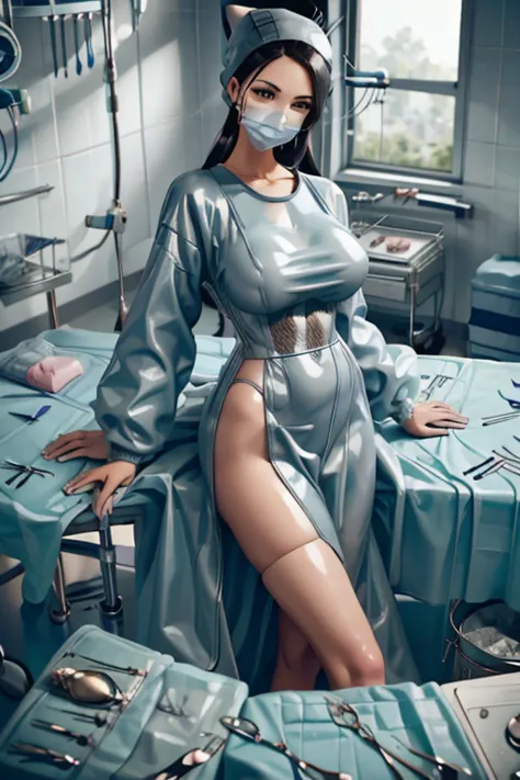 nurse uniform,hospital, latex nurse suit,nurses,busty,elbow gloves,labcoat,black hair woman,pink eyes , gigantic ,medical instru...