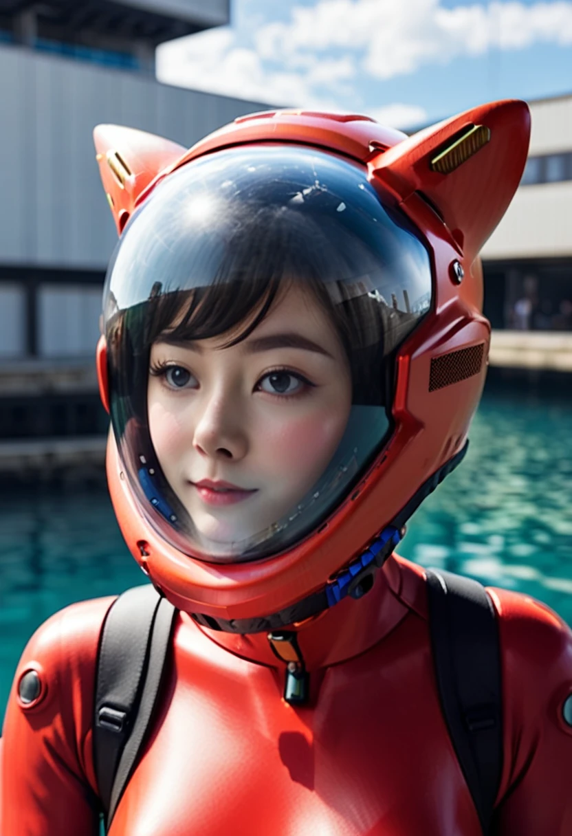 (8k, RAW photo, best quality, masterpiece), (photorealistic), outstanding details, ultra-high resolution, anatomically correct, textured skin, (Extremely precise and accurate anatomy), (wide lens effect), (Cute girl, eva helm,plugsuit, red  bodysuit, bubble helmet, underwater, spacesuit, full body,(Cute Japanese girl , 20-year-old), red helmet,red helmet, space helme, (cat ears:1.5), red helmet, pov