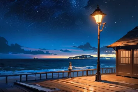 (best quality,highres,masterpiece:1.2),ultra-detailed,in the middle of the night, the pier, the street lights are dotted, the mo...