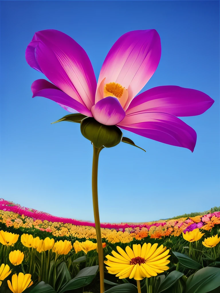 **Vibrant Twilight Bloom: A luminescent flower unfurls its vivid petals in the surreal twilight, casting a mesmerizing glow against the backdrop of a serene, dreamlike landscape.**