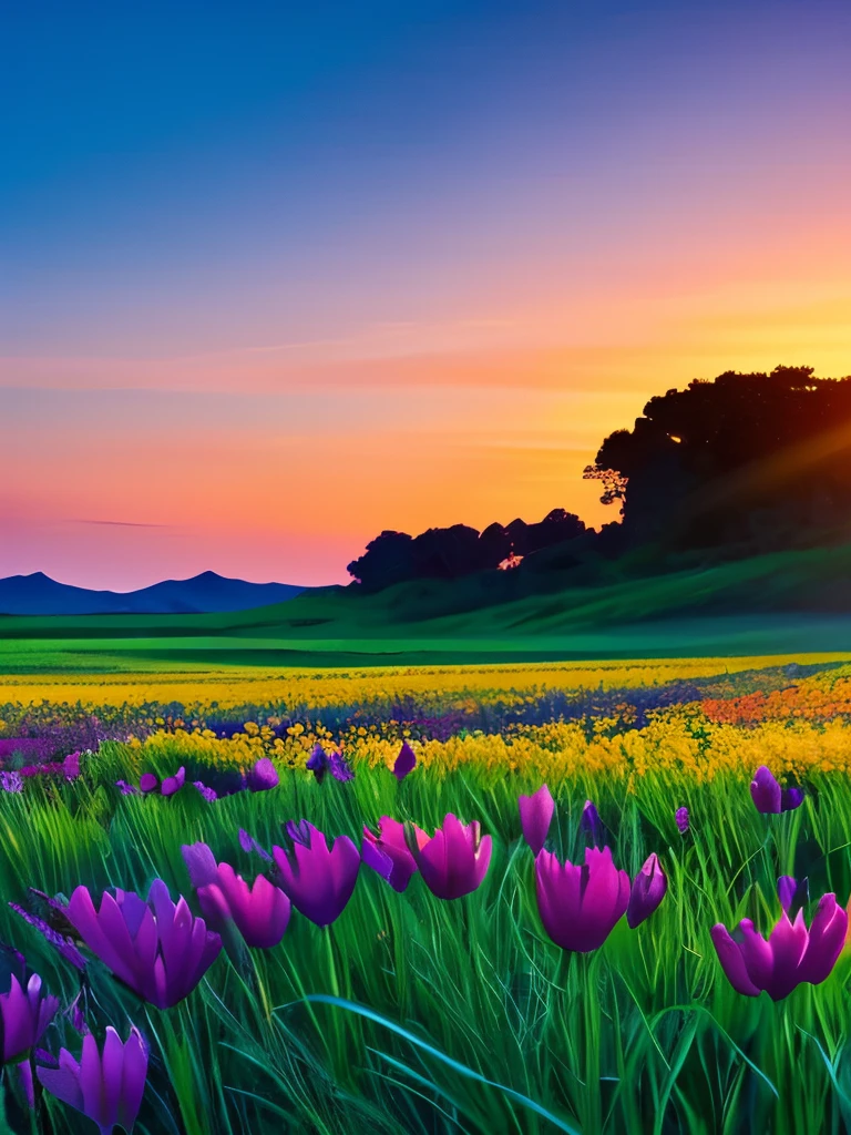 **Vibrant Twilight Bloom: A luminescent flower unfurls its vivid petals in the surreal twilight, casting a mesmerizing glow against the backdrop of a serene, dreamlike landscape.**