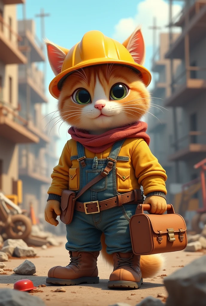 A cat in a construction worker outfit with helmet and lunch box.