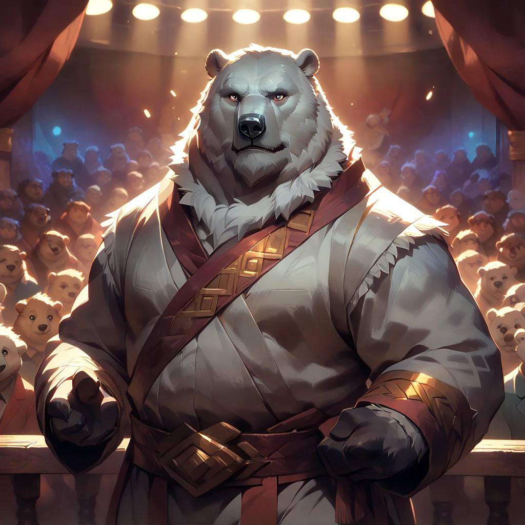 ((whole body)), (stripp dancer), ((plump middle-aged polar bear man)), stripp dance, (brown eyes), beautiful beard, (male face), (big face:0.5), square jawline, (Male Eyes:1.2), (sharp eyes:0.8), (big eyes:0.5), male eyebrows, (innocent look:0.5), fluffy body, BREAK theater, highly detailed,