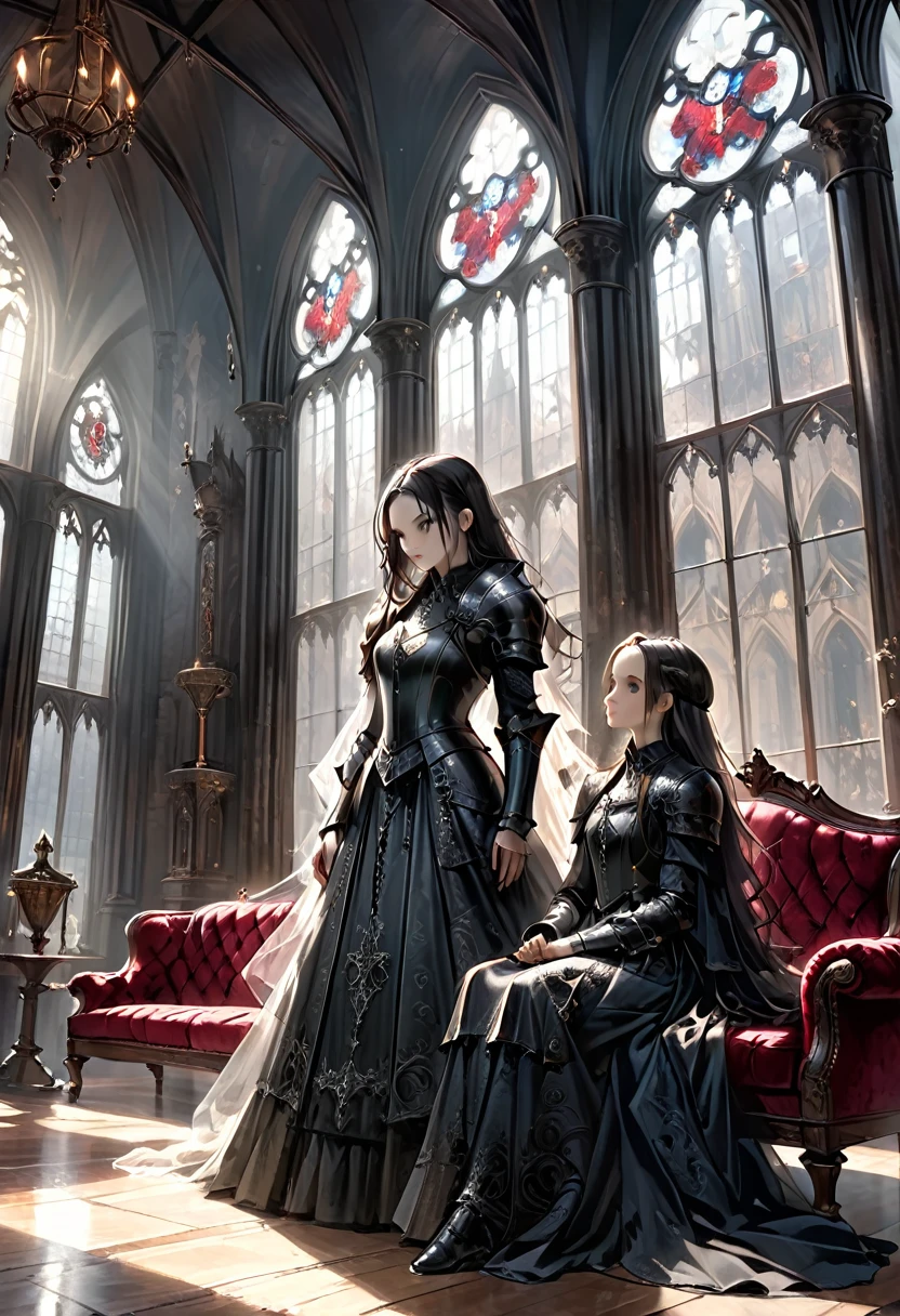 1girl and 1men,princess and knight,gothic-style scene featuring a knight in dark, ornate armor standing next to a woman seated on a luxurious red velvet sofa. The knight’s armor is detailed with intricate engravings, giving it a regal yet foreboding appearance. The woman is dressed in an elegant black Victorian gown, her expression serene and mysterious. The setting is a grand, dimly lit room with tall, arched windows casting soft light on the scene, and the gothic architecture adds to the dark, dramatic atmosphere. The knight stands protectively beside her, soul knight,evoking a sense of power and intensity, "goth girls" style