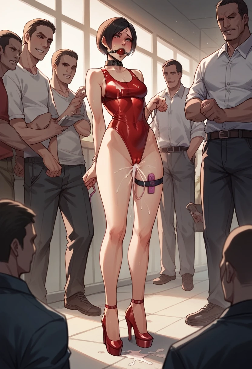 Ada Wong . Resident evil 4 . Thick animal collar. Ballgag. High heels. Red latex swimsuit. Vibrator.  standing among  men. Cumming. 