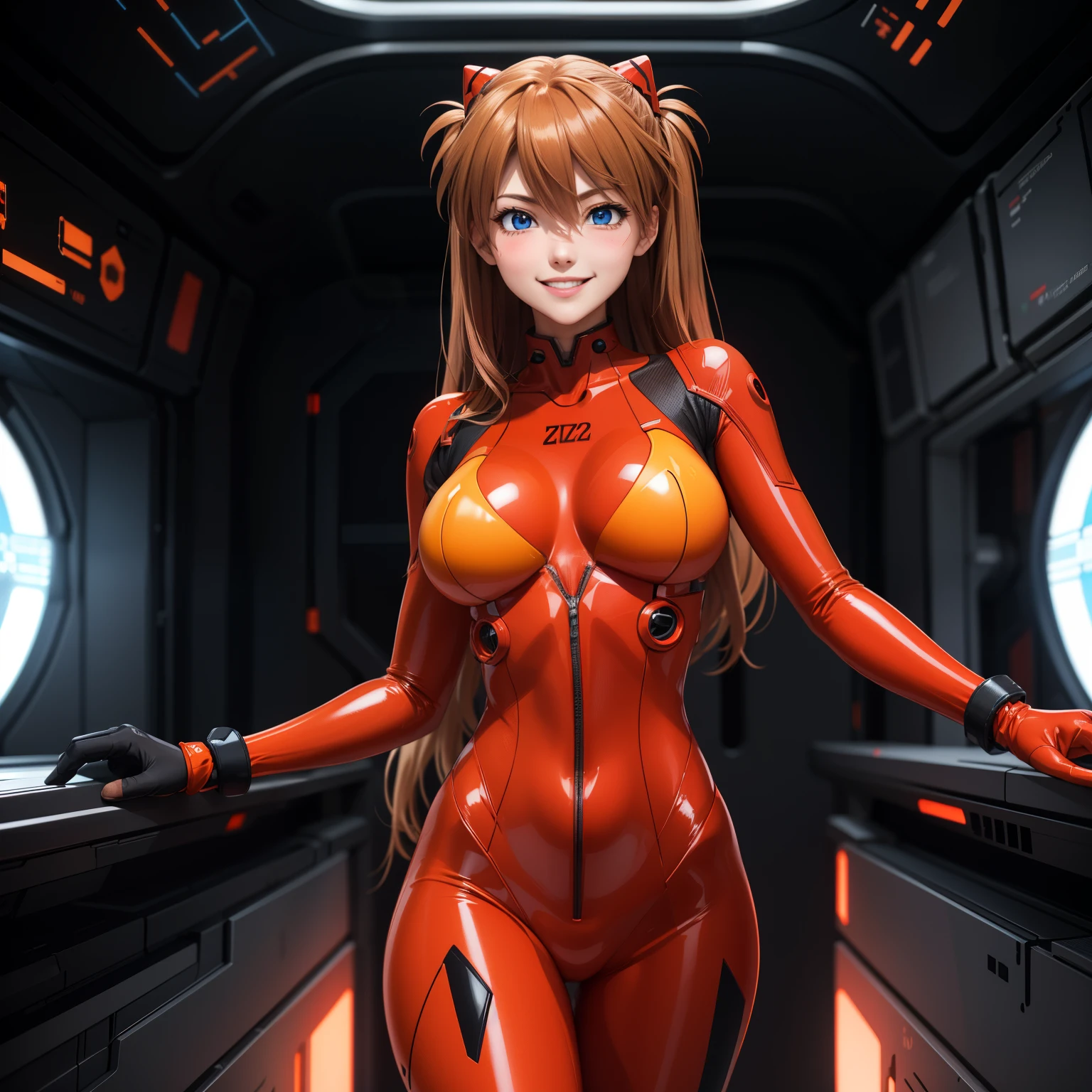 Asuka Langley Soryu female ,bright orange hair, blue eyes, happy smile, blush, big breasts, red eva pilot latex suit. background a futuristic space station. Whole body. gospel. 