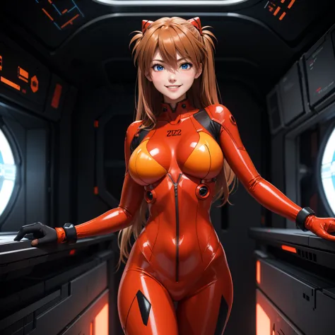 asuka langley soryu female ,bright orange hair, blue eyes, happy smile, blush, big breasts, red eva pilot latex suit. background...