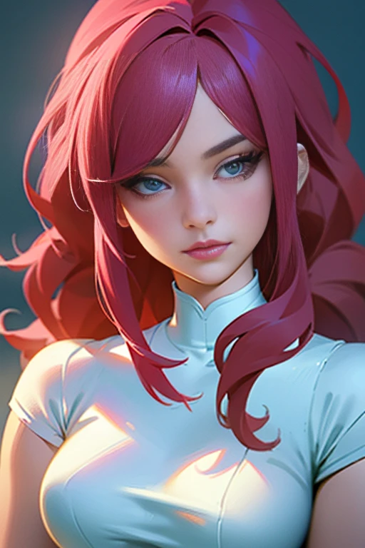 a  girl with long magenta hair,extremely detailed eyes and face,detailed breasts,beautiful detailed lips,longeyelashes,wearing a white shirt,(best quality,4k,8k,highres,masterpiece:1.2),ultra-detailed,(realistic,photorealistic,photo-realistic:1.37),HDR,UHD,vivid colors,studio lighting,extremely detailed,portrait