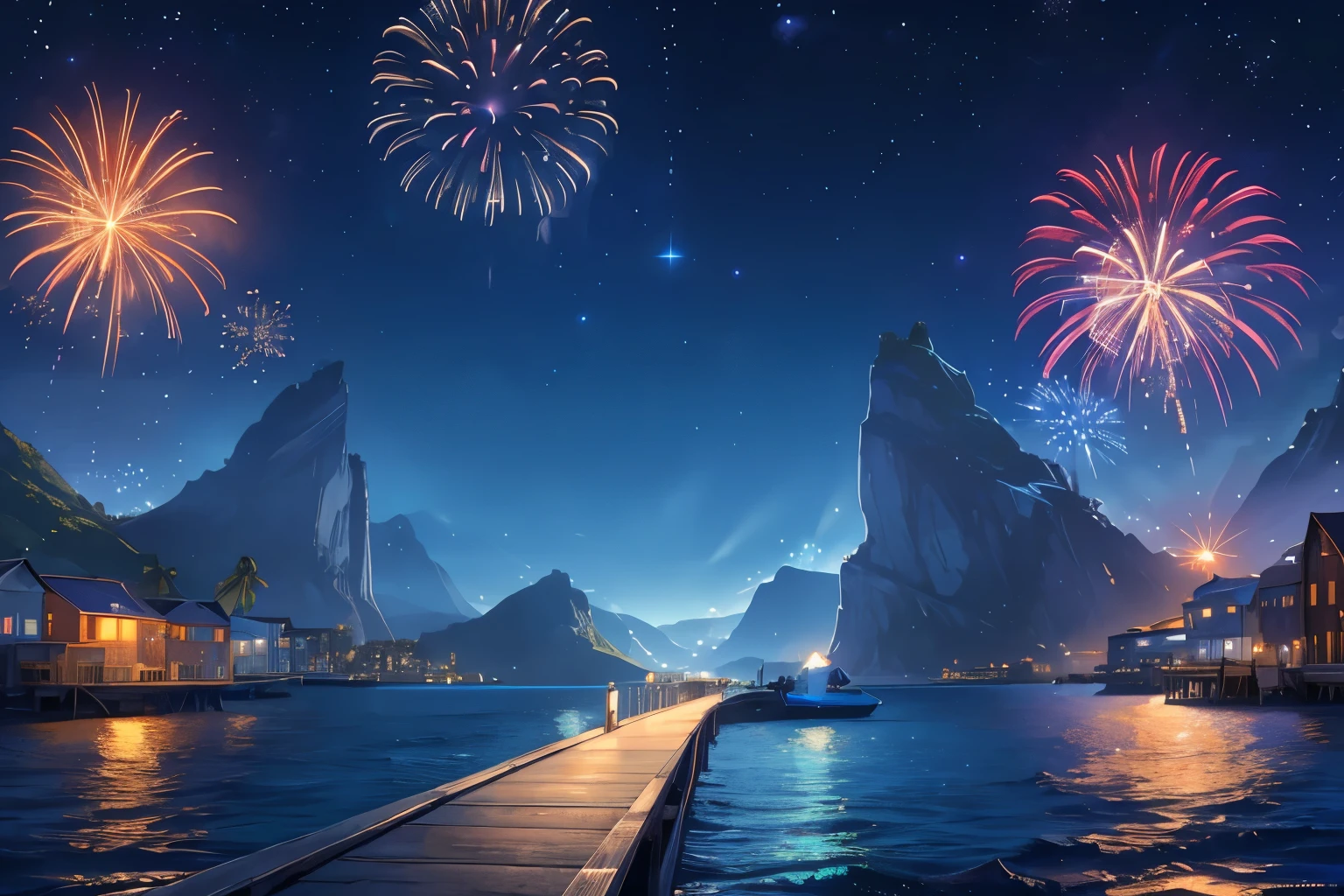 (best quality,highres,masterpiece:1.2),ultra-detailed,In the middle of the night, the pier, the street lamps are dotted, fireworks in the sky (no one is there), the blue light of the street lamps, the sky full of stars, the shadow of an island with a high mountain beyond the sea, (midsummer night)