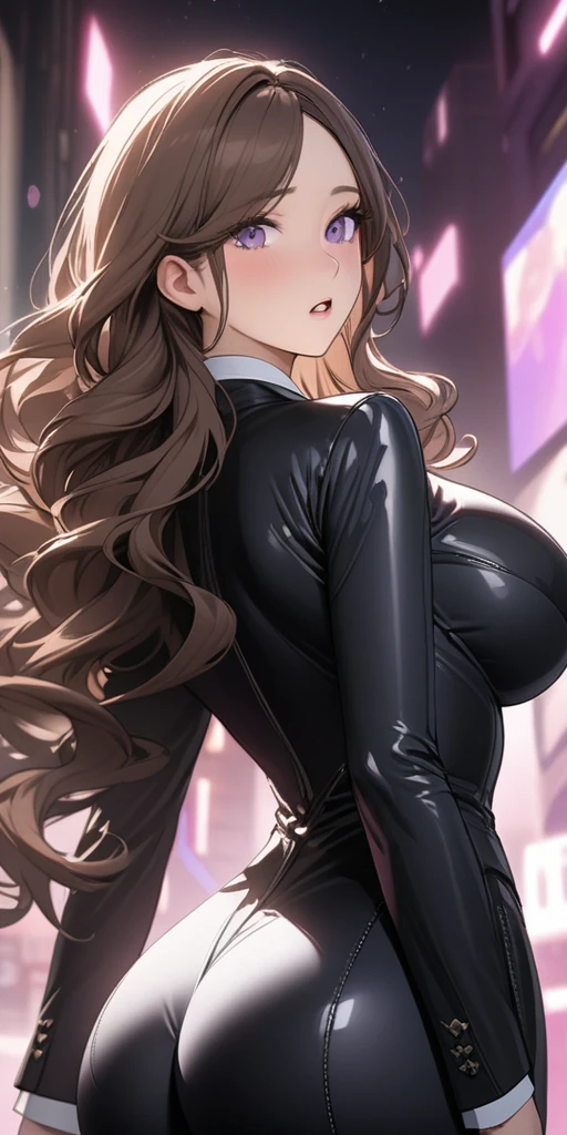 ((masterpiece)), ((high quality)),((ultra-detailed)), ((extremely detailed)),(character portrait), 4K,8K,wearing black pants suit, white collared shirt, grey pants, 2, a beautiful woman, very tall woman with great style, perfect big breasts, perfect big ass, middle plump ass, tight suit, slender body, 1girl, solo, middle long wavy hair, brown hair with red accent, swept bangs, perfect hands, perfect face, perfect purple eyes, perfect body, beautiful legs, pink heart background, cinema lightning, purple striped patterned necktie, cold beauty, confused, open mouth, standing on one leg, close eyes, shy, back view