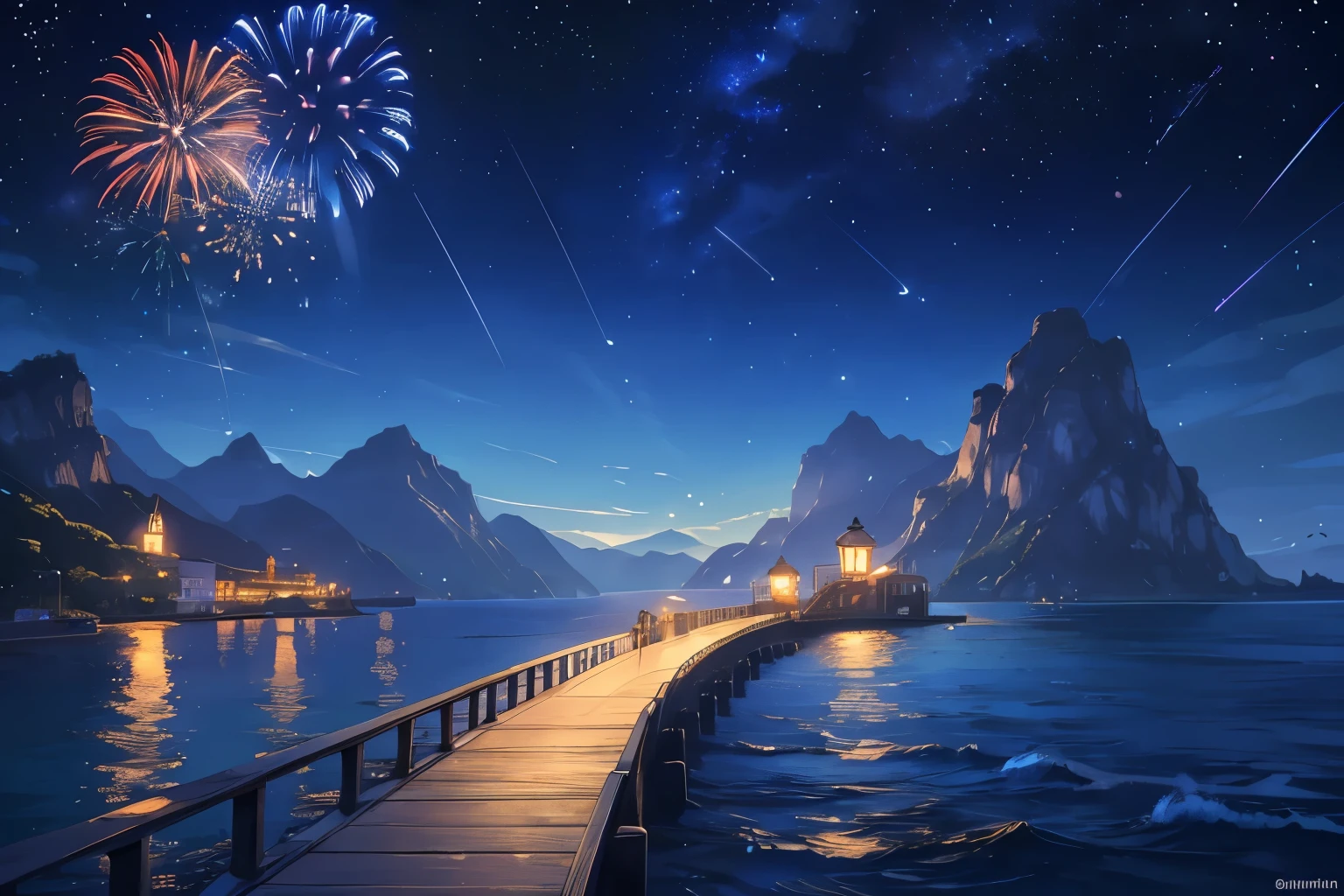 (best quality,highres,masterpiece:1.2),ultra-detailed,In the middle of the night, the pier, the street lamps are dotted, fireworks in the sky (no one is there), the blue light of the street lamps, the sky full of stars, the shadow of an island with a high mountain beyond the sea, (midsummer night)