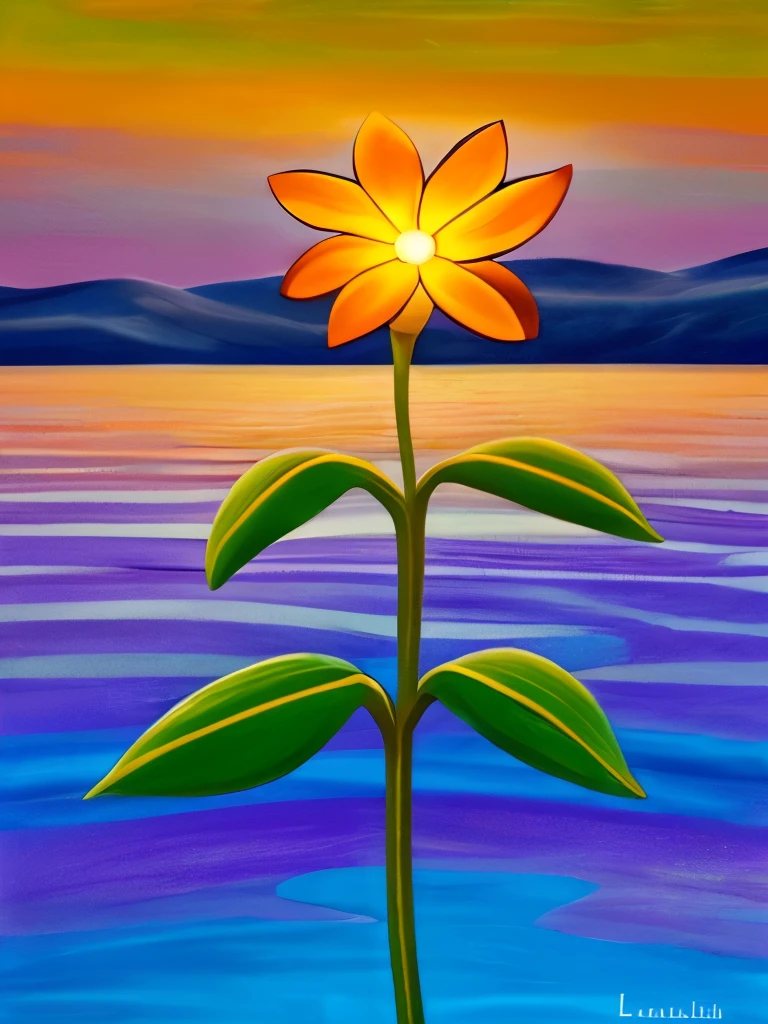 **Vibrant Twilight Bloom: A luminescent flower unfurls its vivid petals in the surreal twilight, casting a mesmerizing glow against the backdrop of a serene, dreamlike landscape.**