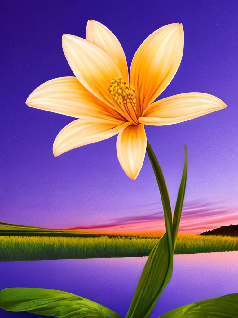 **Vibrant Twilight Bloom: A luminescent flower unfurls its vivid petals in the surreal twilight, casting a mesmerizing glow against the backdrop of a serene, dreamlike landscape.**