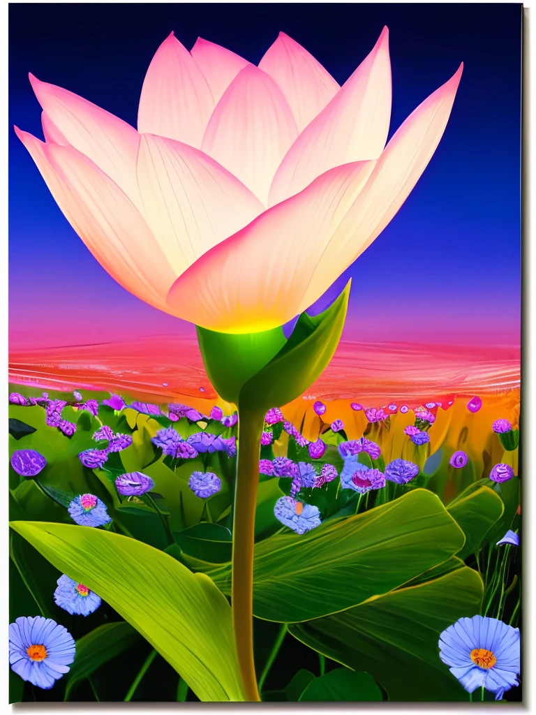 **Vibrant Twilight Bloom: A luminescent flower unfurls its vivid petals in the surreal twilight, casting a mesmerizing glow against the backdrop of a serene, dreamlike landscape.**