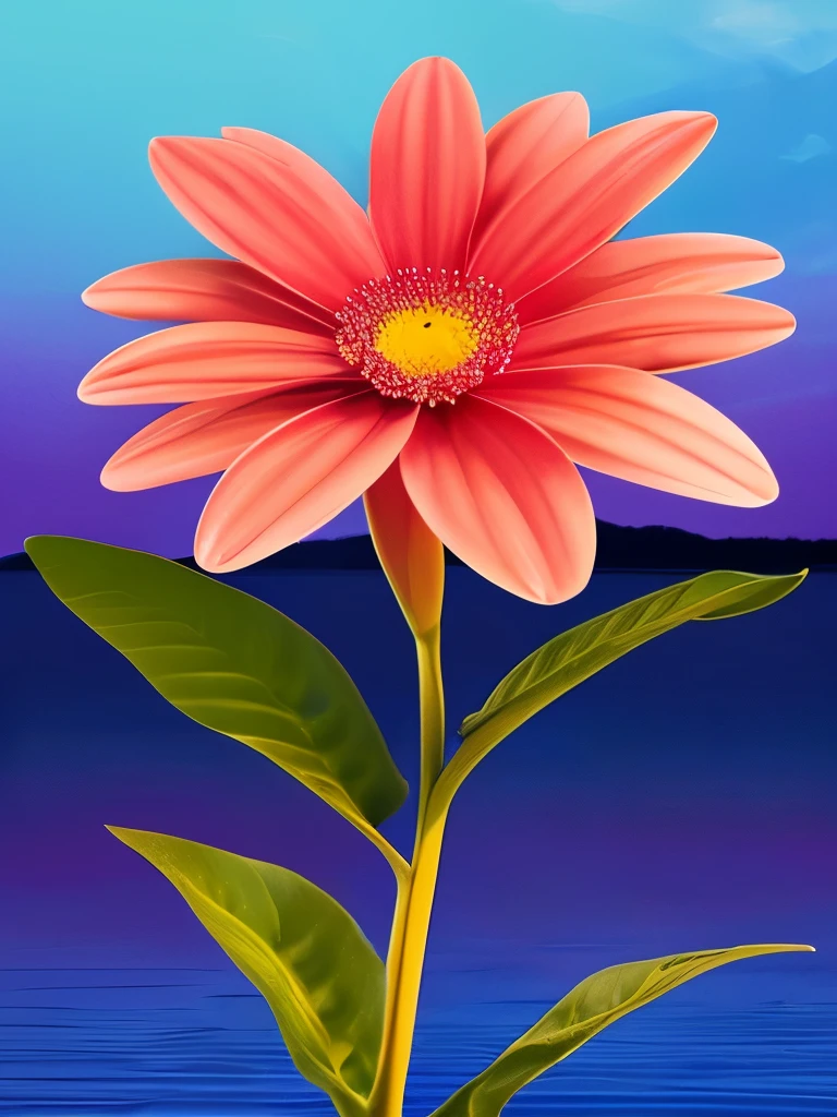 **Vibrant Twilight Bloom: A luminescent flower unfurls its vivid petals in the surreal twilight, casting a mesmerizing glow against the backdrop of a serene, dreamlike landscape.**