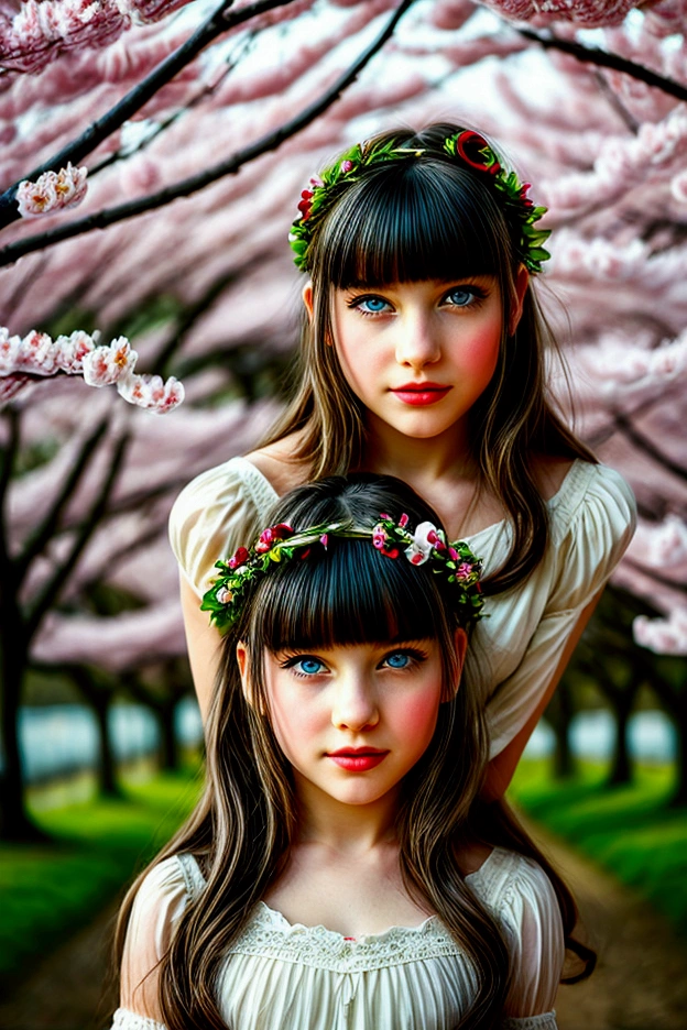 A portrait of a young girl with a flower crown, set against a background of blooming cherry blossoms in soft focus