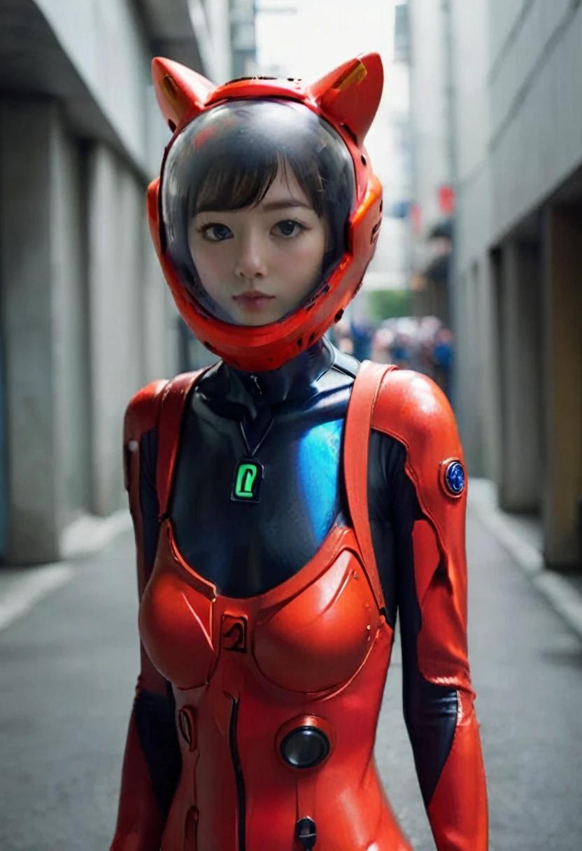 (8k, RAW photo, best quality, masterpiece), (photorealistic), outstanding details, ultra-high resolution, anatomically correct, textured skin, (Extremely precise and accurate anatomy), (wide lens effect), (Cute girl, eva helm,plugsuit, red  bodysuit, bubble helmet, underwater, spacesuit, full body,(Cute Japanese girl , 20-year-old), red helmet,red helmet, space helme, (cat ears:1.5), red helmet, pov