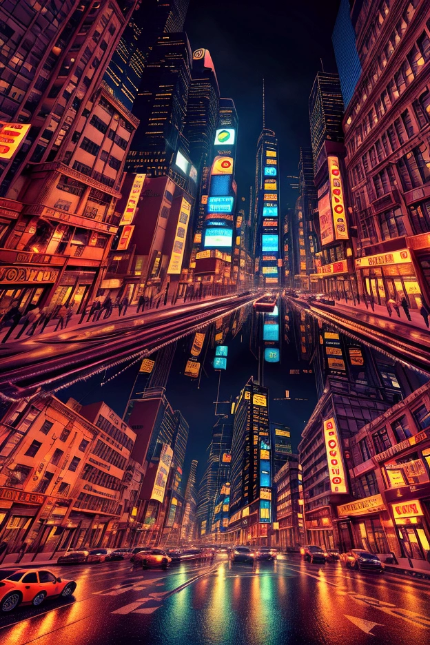 a bustling city at night,neon lights,rainy streets,skyscrapers,cityscape,neon signs,reflections,dynamic composition,cinematic lighting,moody atmosphere,(best quality,8k,highres,masterpiece:1.2),ultra-detailed,(realistic,photorealistic,photo-realistic:1.37),cinematic,dramatic,urban,cyberpunk