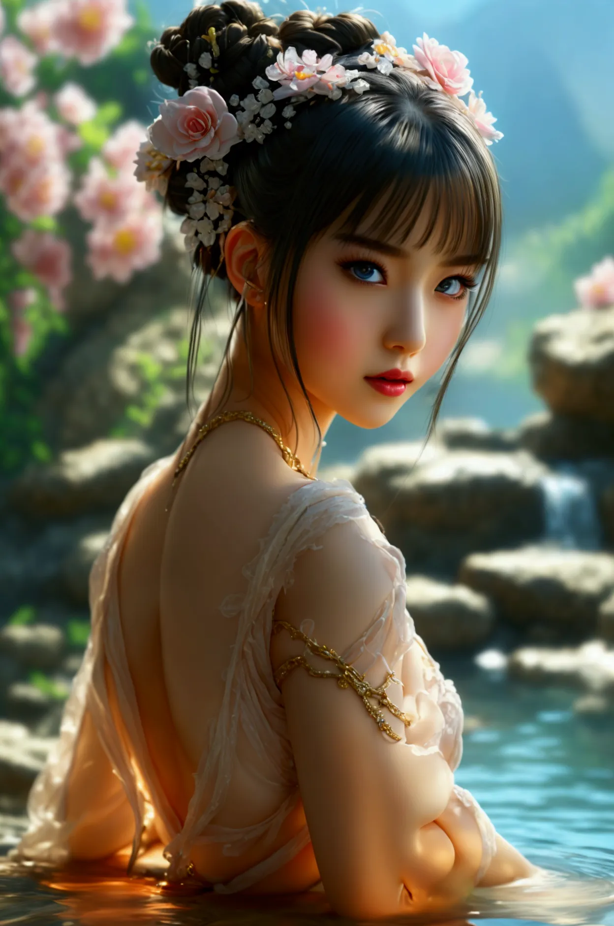 1 beautiful girl in hanfu, medium breasts, plunging neckline, mountains, soaking feet, studio session, chinese garden background...