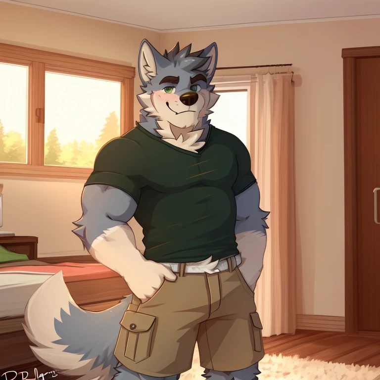 standing, green eyes, alone, wolf tail, Muscular male , (Soft shading), 4k, anything, Five fingers, detailed hands, ((detailed face, (ojos detaileds:1.0), detailed)), (whole body), alone, blush, short hair, 1 chico, T-shirt casual, T-shirt, male focus, Fangs, dog tail ,body wrap, pose neutral, whole body, disrupted, I got up, little smile, por pache riggs