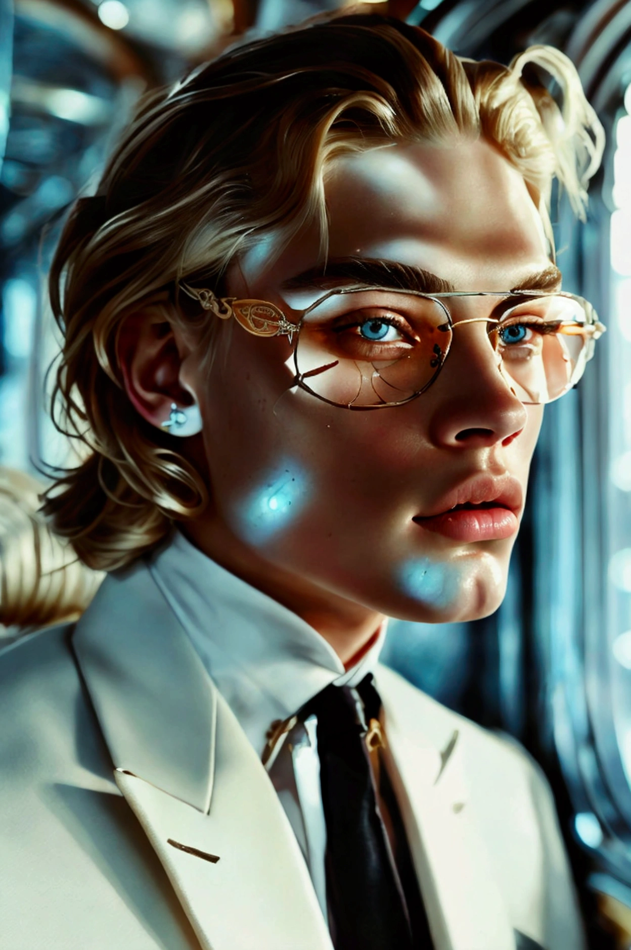 masterpiece, of the highest quality, (Focus only), (perfect face:1.1), (High detail:1.1), (Hyper detailed eyes), dramatic, 1 chico, (Pale skin), long blonde hair, ethereal eyes, (light eyebrows), Alone, for the largo, Jordan Barrett, officer, evening, white luxury suit, covered ship, sensual lips, for the, proud expression, playa, detailed background, art by artgerm, cinematic lighting, rose, fashion, BalenciagaStyle