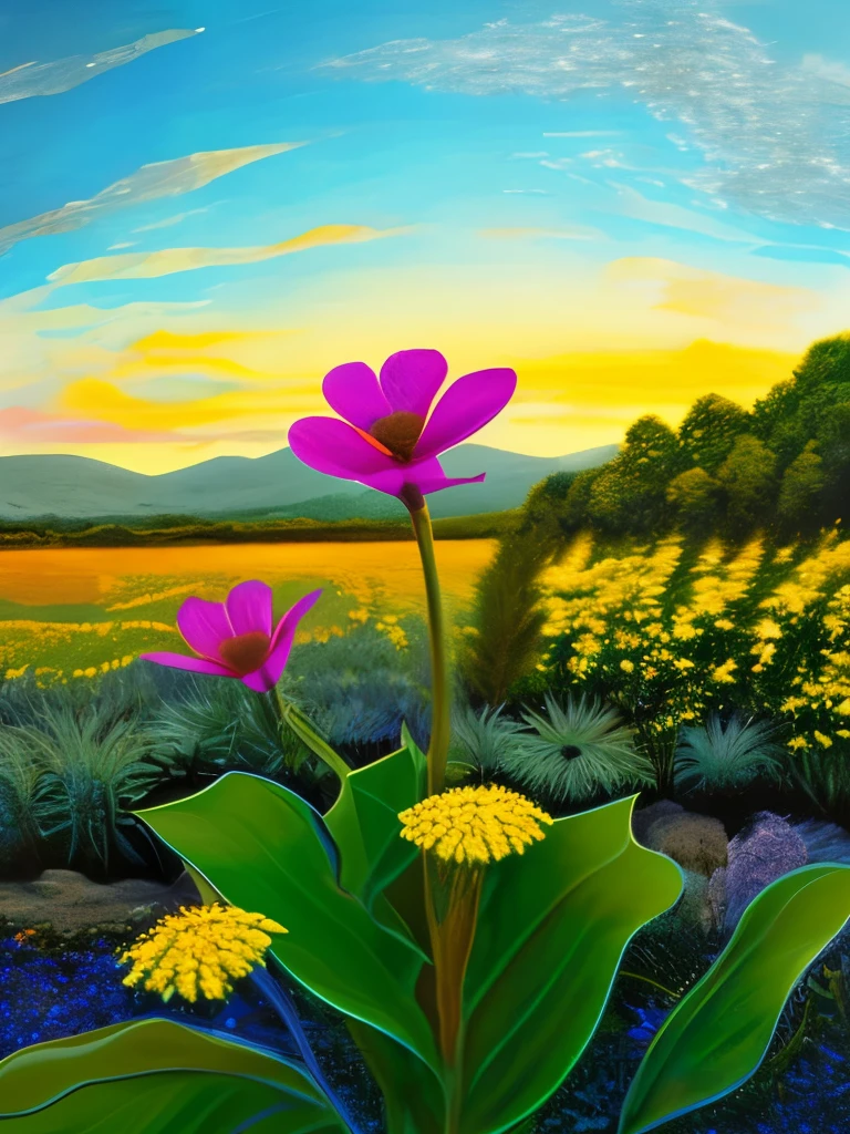 **Vibrant Twilight Bloom: A luminescent flower unfurls its vivid petals in the surreal twilight, casting a mesmerizing glow against the backdrop of a serene, dreamlike landscape.**