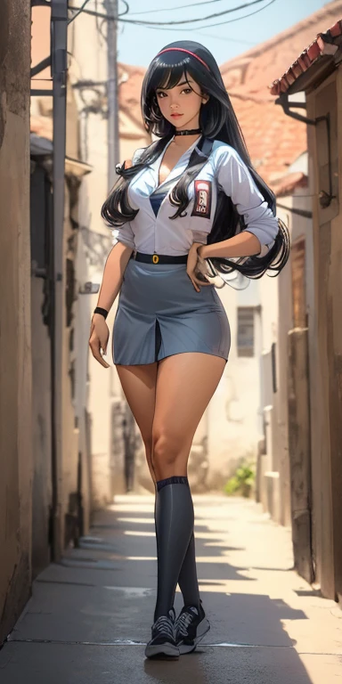 3/4 body illustration,voluptuous  model,jrpg style,slim fit body,nice breasts,realism,(best quality,4k,8k,highres,masterpiece:1.2),(ultra-detailed,photorealistic:1.37),studio lighting,sharp focus,physically-based rendering,digital art, (woman, wavy hair, twintails, asymmetrical bangs, micro bikini top, jacket, grey miniskirt, thighhighs, choker, smile, parted lips, cute look), (standing at the city alley with elaborate details, city streets in background, late evening)