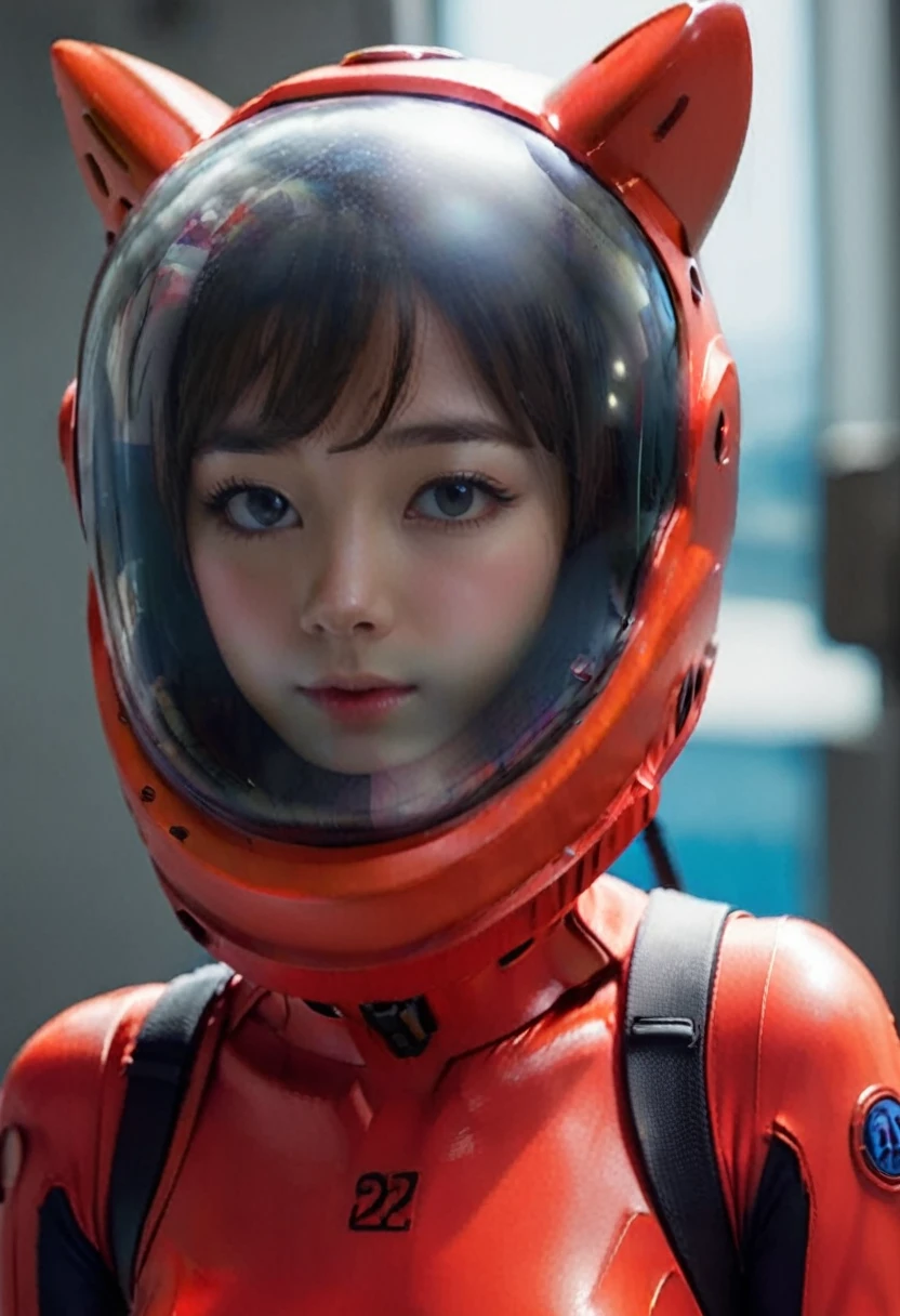 (8k, RAW photo, best quality, masterpiece), (photorealistic), outstanding details, ultra-high resolution, anatomically correct, textured skin, (Extremely precise and accurate anatomy), (wide lens effect), (Cute girl, eva helm,plugsuit, red  bodysuit, bubble helmet, underwater, spacesuit, full body,(Cute Japanese girl , 20-year-old), red helmet,red helmet, space helme, (cat ears:1.5), red helmet, pov