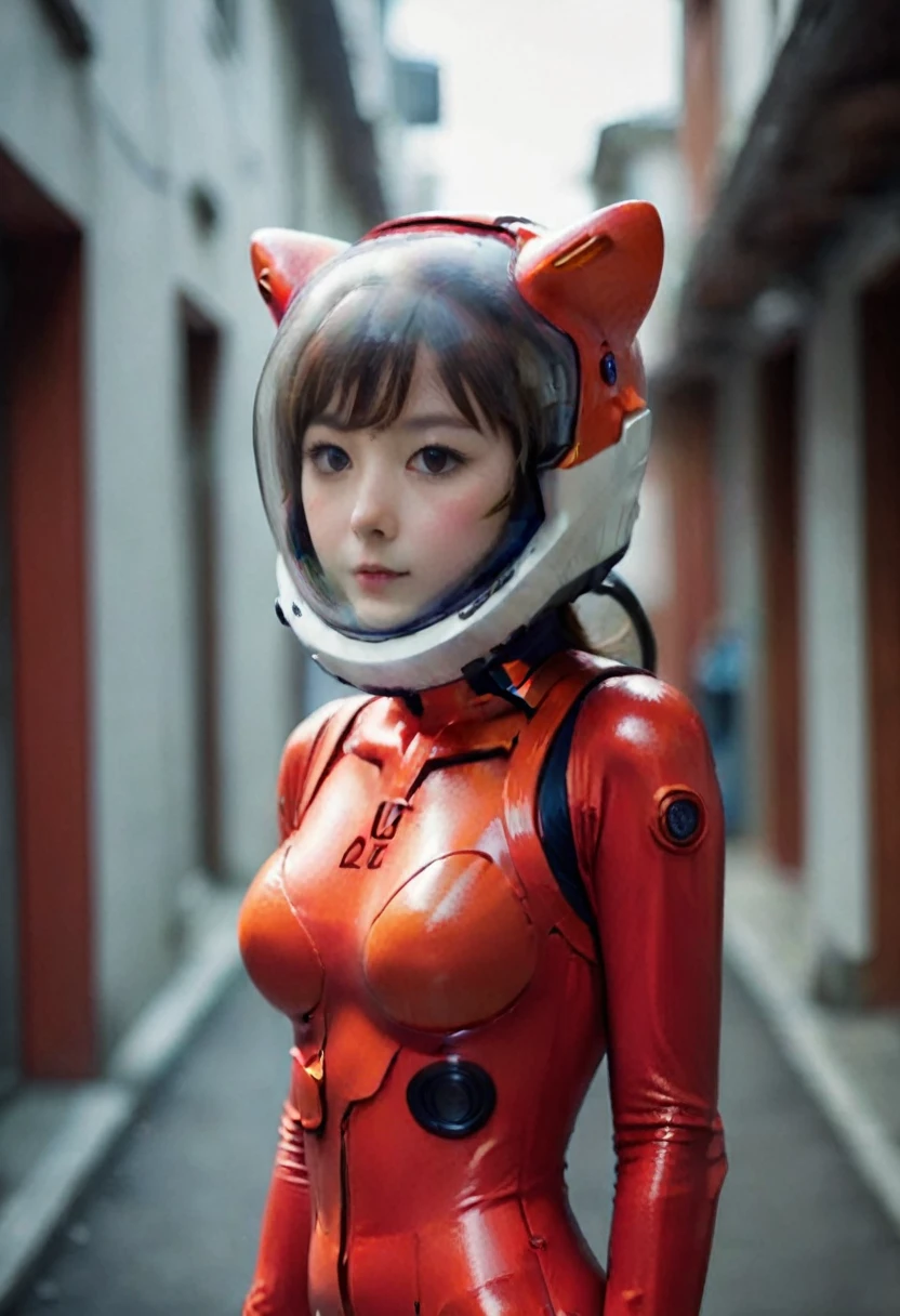 (8k, RAW photo, best quality, masterpiece), (photorealistic), outstanding details, ultra-high resolution, anatomically correct, textured skin, (Extremely precise and accurate anatomy), (wide lens effect), (Cute girl, eva helm,plugsuit, red  bodysuit, bubble helmet, underwater, spacesuit, full body,(Cute Japanese girl , 20-year-old), red helmet,red helmet, space helme, (cat ears:1.5), red helmet, pov