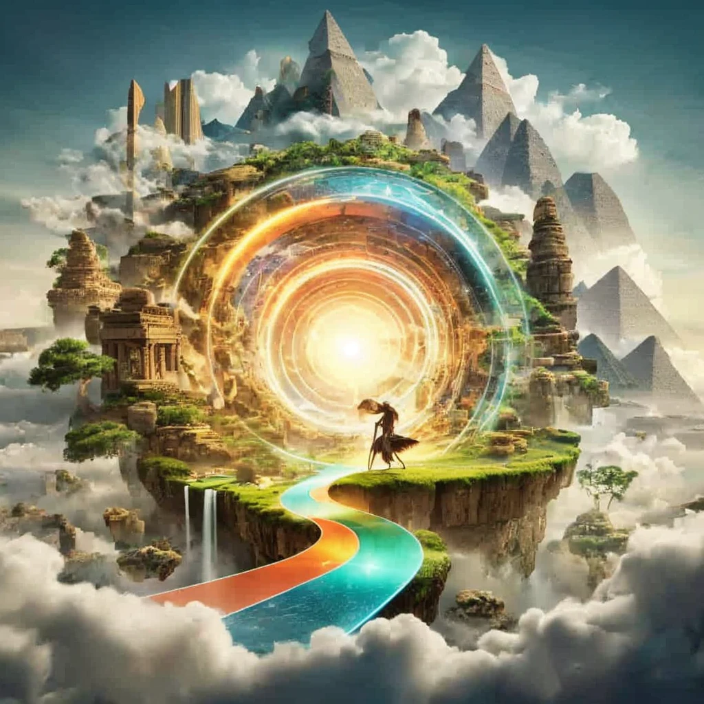 The surreal composition is like a circular portal that blends elements of nature with fantastic architecture. The scenes included the animal greek myth and animal egypt myth and the vibrant path towards the center of the portal that emitted bright light, and a person in a long white robe raised his crystal staff, a dynamic pose in the foreground. The portal shows the connection between music and this otherworldly scene. The overall image has a dream-like quality, emphasizing the power of music to transport one person to another world