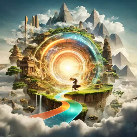 the surreal composition is like a circular portal that blends elements of nature with fantastic architecture. the scenes include...