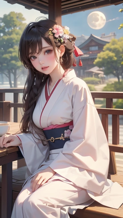 ，Ultra high quality，masterpiece、Delicate eyes，(masterpiece, Top quality, best quality, 16K、8K、32K、Extremely detailed、
A woman in a kimono sits on the porch，In the background is a full moon