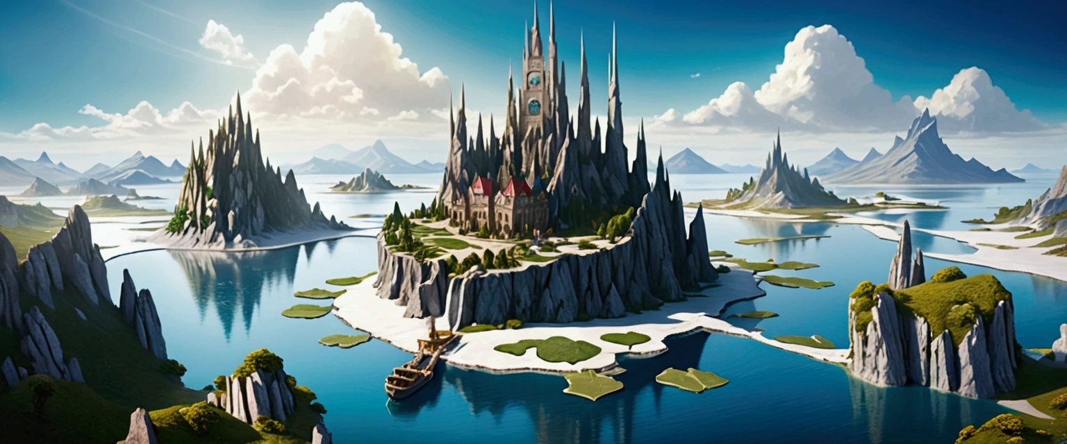 A Magical fairy tale City built on three high rocky karst island. In the middle of the Great Salt Lake. Official Art – An Award-Winning Digital Masterpiece In 4K Ultra HD, Extreme Detail And Intricate Realism. Symmetrical Face. This Concept Art Brought To Life By The Hands Of Artists Like Wlop & Artgerm In A Stunning 2D Vector Illustration.. Background Is A Panoramic Vista.
