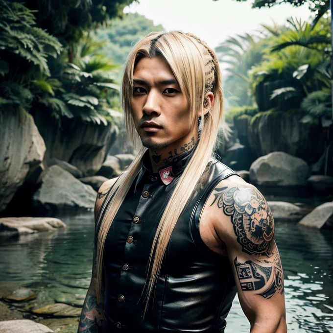 1 man, Japanese man, male, Asian eyes, muscular, broad shoulders, yakuza tattoos, hairstyle Visual Kei style, hair Visual Kei, streampunk outfit, ultra detailed face, hyperrealistic, realistic representation, long hair, 40 years old, age 40 years, black and blonde hair 