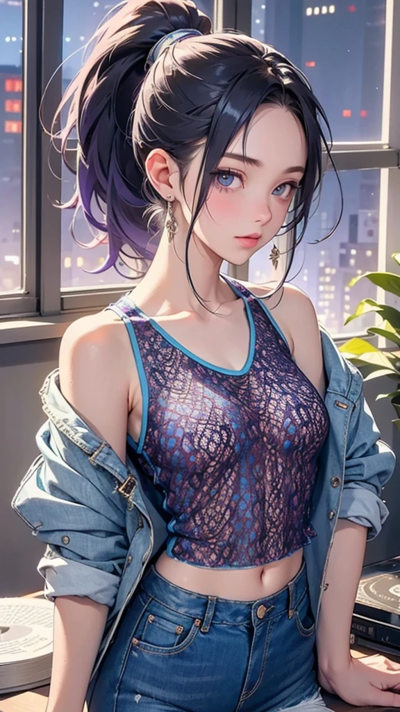 Top quality, 8K, she, studying at a desk, hair in a ponytail, hair color light purple and gold, white tank top, jeans style, background decorated with a stylish jacket of a record,, window is fireworks,