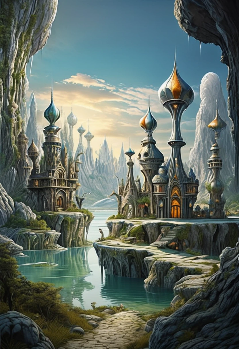 A Magical fairy tale City built on three high rocky karst island. In the middle of the Great Salt Lake. Official Art – An Award-Winning Digital Masterpiece In 4K Ultra HD, Extreme Detail And Intricate Realism. Symmetrical Face. This Concept Art Brought To Life By The Hands Of Artists Like Wlop & Artgerm In A Stunning 2D Vector Illustration.. Background Is A Panoramic Vista.
