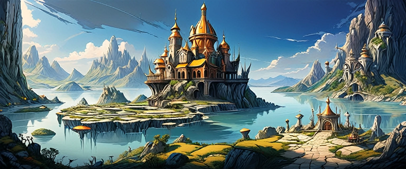 A Magical fairy tale City built on three high rocky karst island. In the middle of the Great Salt Lake. Official Art – An Award-Winning Digital Masterpiece In 4K Ultra HD, Extreme Detail And Intricate Realism. Symmetrical Face. This Concept Art Brought To Life By The Hands Of Artists Like Wlop & Artgerm In A Stunning 2D Vector Illustration.. Background Is A Panoramic Vista.
