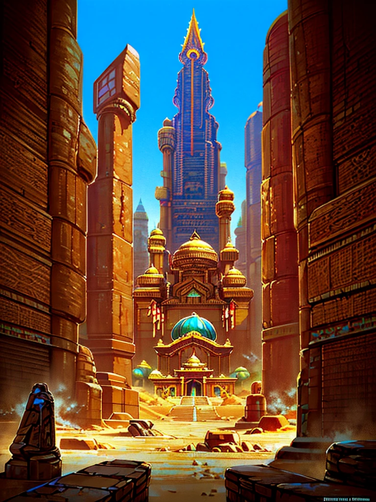 isometric view, videogame, antique city, temple, giant statues, cyberpunk, arab, turkish, indian, futuristic, decadent, post-apocalyptic, desert background, giant crystals, futuristic city, concept art