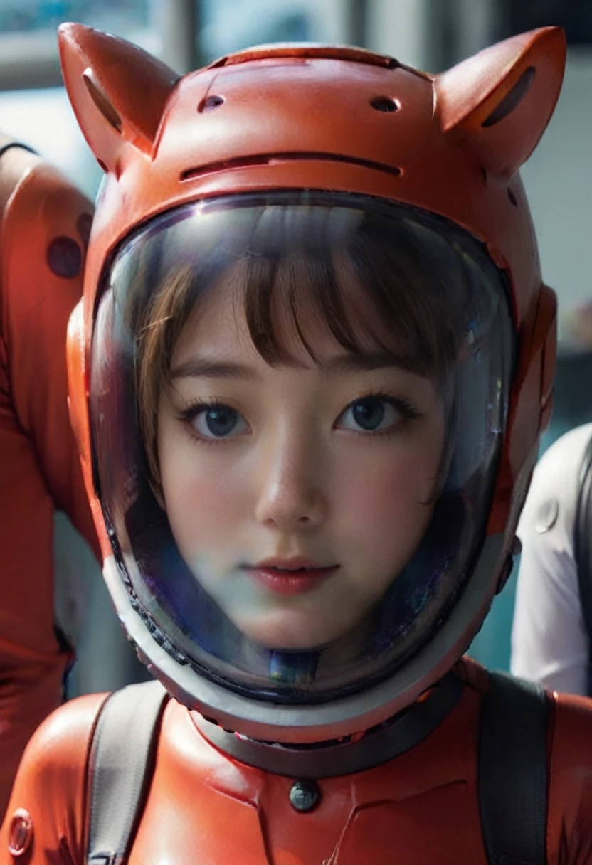 (8k, RAW photo, best quality, masterpiece), (photorealistic), outstanding details, ultra-high resolution, anatomically correct, textured skin, (Extremely precise and accurate anatomy), (wide lens effect), (Cute girl, eva helm,plugsuit, red  bodysuit, bubble helmet, underwater, spacesuit, full body,(Cute Japanese girl , 20-year-old), red helmet,red helmet, space helme, (cat ears:1.5), red helmet, pov