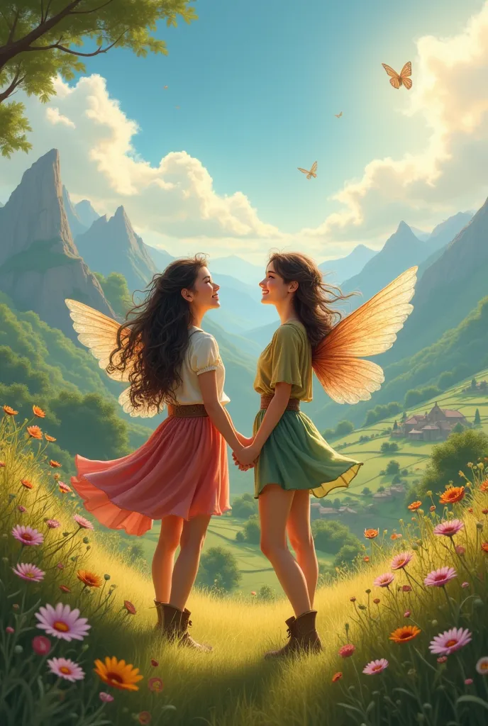 Two very beautiful friends in wonderland wearing beautiful fairy clothes holding hands and looking at the scenery, the nice summer air with a very beautiful country village and mountains in the distance and the warm sun rays and they are smiling and showing How much she loves each other The sky is full of beautiful clouds and they are wearing adventurous country clothes and they are very beautiful.