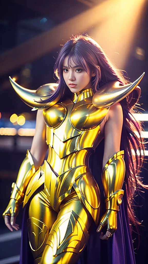 Extra High Color Saturation (Masterpiece) Full Body Photograph (Best Quality) (1 Female) Purple Hair, Shiny Golden Armor, Sexy Lingerie Armor, Exposed Breasts, Exposed Waist, Exposed Thighs, Cool Pose, Saint Seiya Armor, Messy Hair, High Detail, Anime Style, Cinematic Lighting, Sparks, Divine Light, Ray Line Drawing, Film Grain, Hyper HD, Textures, Super Detail, Anatomical Correction, High Resolution, Extra High Color Saturation, High Contrast, High Glossy Armor, Smooth Skin, Realistic (Masterpiece, Highest Quality, Best Quality), Official Artwork, Beauty & Aesthetics 1.2 Very detailed, Fractal art, Very vibrant colors.