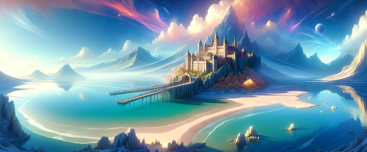 A Magical fairy tale City built on three high rocky karst island. In the middle of the Great Salt Lake. Official Art – An Award-Winning Digital Masterpiece In 4K Ultra HD, Extreme Detail And Intricate Realism. Symmetrical Face. This Concept Art Brought To Life By The Hands Of Artists Like Wlop & Artgerm In A Stunning 2D Vector Illustration.. Background Is A Panoramic Vista.
