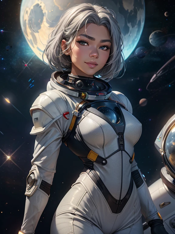 Best Quality, Ultra High Resolution, (Realism: 1.4), Depth of Field, Beautiful Face, Zendaya , (PureErosFace_V1: 0.8), Halfbody, | | 1girl, medium chest, (gray hair: 1.3), innocent smile, natural makeup, | | | Model pose, | | (Spacesuit: 1.3), (Blue Armor: 1.3), Exquisite Design, | | Space Background, Stars_(Sky), Moonlight, Night, | |