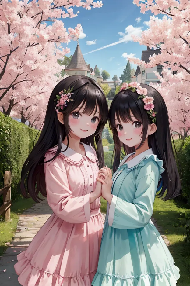 two girls are in a magical and very beautiful forest with amazing flowers and imaginary trees. they are wearing cute and pink fa...