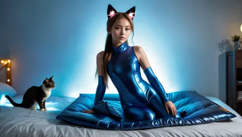 top quality, masterpiece, high resolution, 8k, ((young barely legal girl in a bodysuit with plunging neckline, with cat ears, a ...