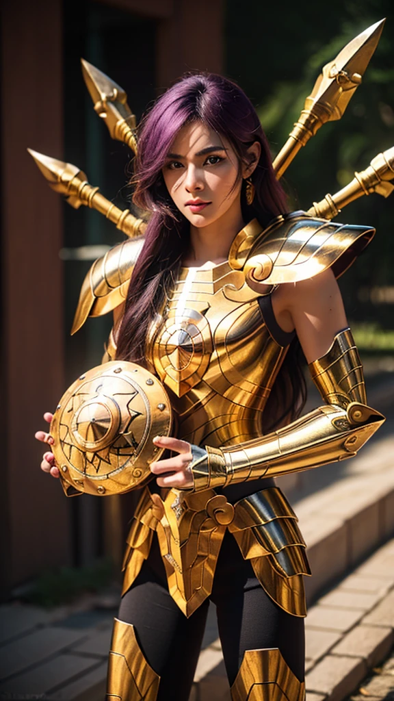 (((1woman)))  a hyper realistic ultra detailed photograph of a pretty photorealistic Camus at agreek ruins background, tattered Libra gold half shiny metal armor, long purple hair, purple eyes, dynamic pose, detailed symmetric beautiful hazel eyes, full body, detailed gorgeous face, 30-megapixel, 4k, Canon EOS 5D Mark IV DSLR, 85mm lens, sharp focus, intricately detailed, long exposure time, f/8, ISO 100, shutter speed 1/125, diffuse back lighting, award winning photograph, facing camera, looking into camera, monovisions, perfect contrast, High sharpness, facial symmetry, depth of field, ultra-detailed photography, raytraced, global illumination, TanvirTamim, smooth, ultra high definition, 8k, unreal engine 5, ultra sharp focus, award-winning photograph, trending on artstation, realistick 8k