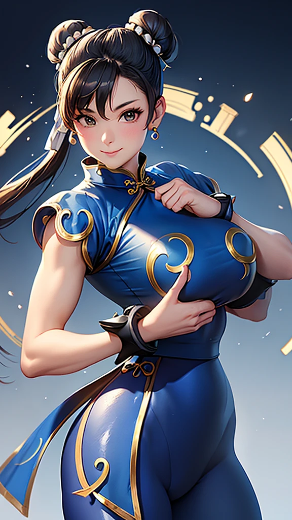 ((Chun-Li,ponytail,blue Leggings:1.3)),upper body, Looking at the audience,Slim and sexy figure, the best quality, (8k), (4K),(masterpiece), (the best quality), Extremely detailed, Game CG, Ultra Detailed, illustration, Beautiful Body,Beautiful nose, Perfect Eye, Perfect Face , 1 girl, 30 years,Fair Finger,Fair body, Fair Nose,Fair character design, perfect Eye, perfect Face,expressive Eye,Perfect balance,(Focus on her Face),(Smile:0.3), official art,Extremely detailed CG Unity 8K wallpaper, rich and colourful,  (masterpiece:1.0),(the best_quality:1.0), Ultra-high resolution,4K,Ultra Detailed, photography, 8k, HDR, high resolution, (Fair,Big goals_Chest:1.4), (blue china dress,smile,pretty face,Clear image:1.3),((Wear an aura on your body,The background is Chinatown:1.3))